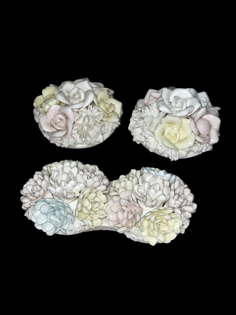 Vtg Lenwile Ardalt Porcelain Pastel Floral Set of 3 Taper Candle Holders Japan